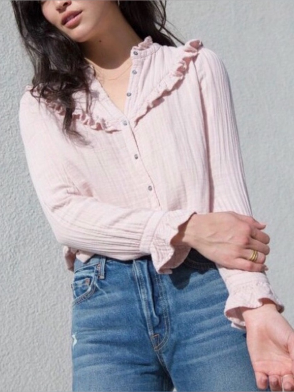 Xirena Esmay Ruffled Button front Blouse SZ XS Cotton Gauze Pink Girly Feminine